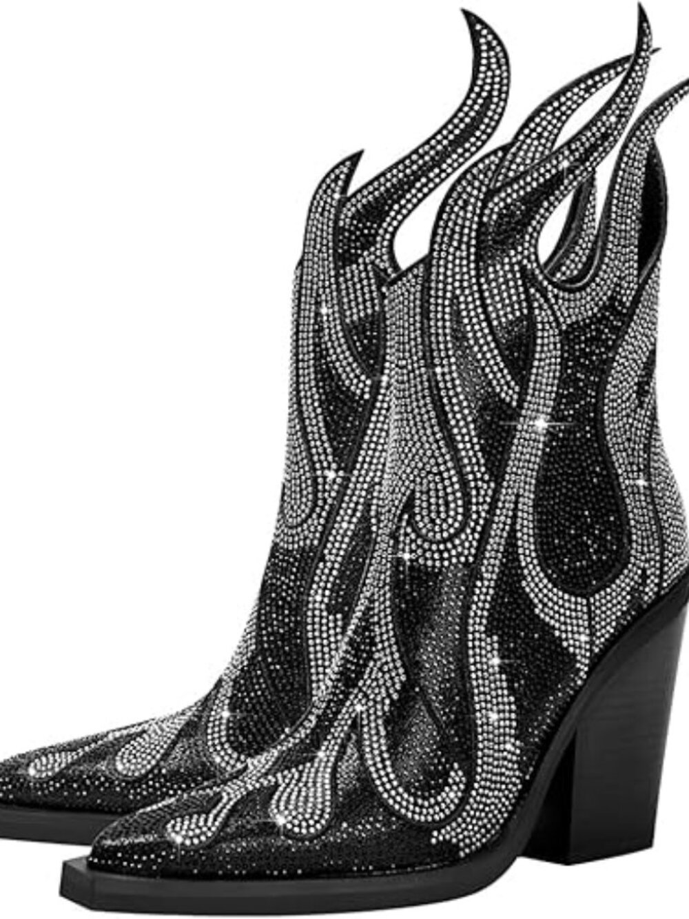 NEW! Punk Rhinestone Flame Cowboy Boots Chunky Heel, Black/Silver, EU 36, US 7